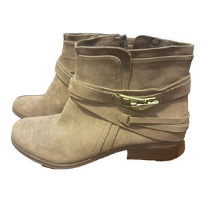 Fergalicious Women’s Taupe Suede Ankle Boots Size 8M Zip Strap Low Heel Bootie